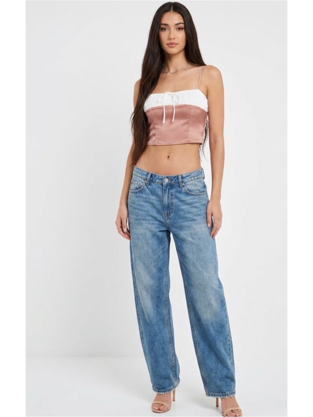 Forever 21 Y2K Milkmade Satin Two-Tone Crop Cami Top in Dusty Rose Cream Top S